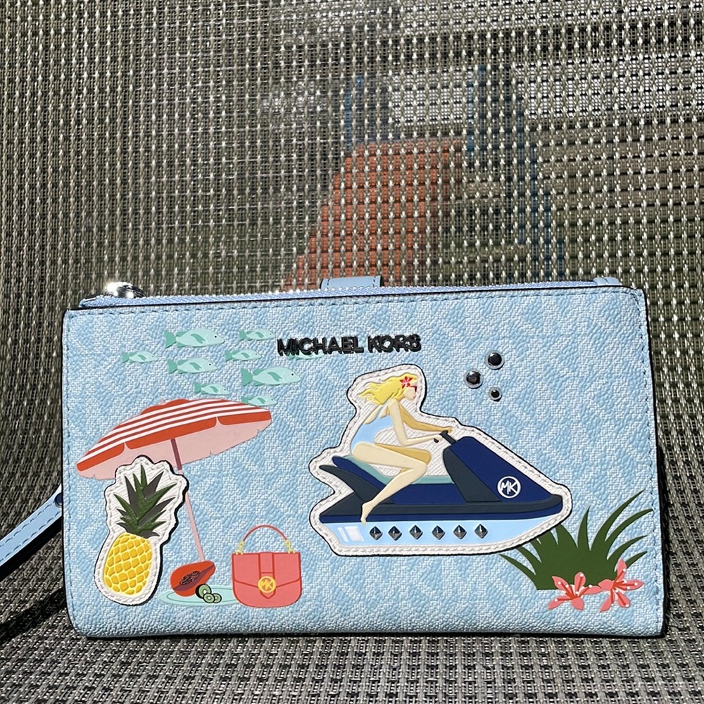 Michael Kors Jet Set Girls studded appliqué jet ski double zip wristlet …